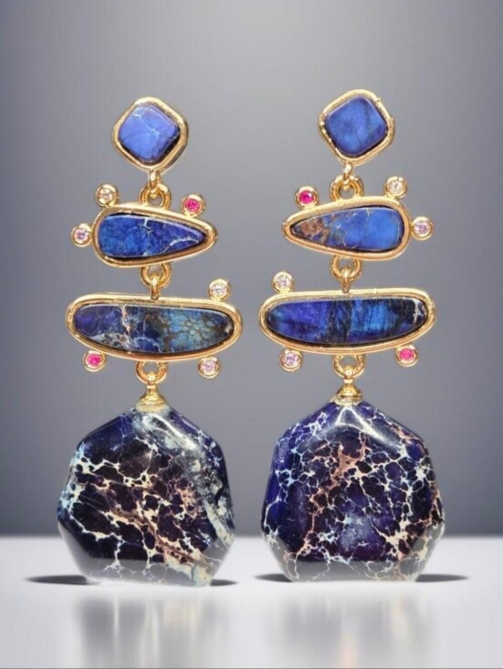 18k Gold Plated Jasper Stone Crystal Dangle Earrings